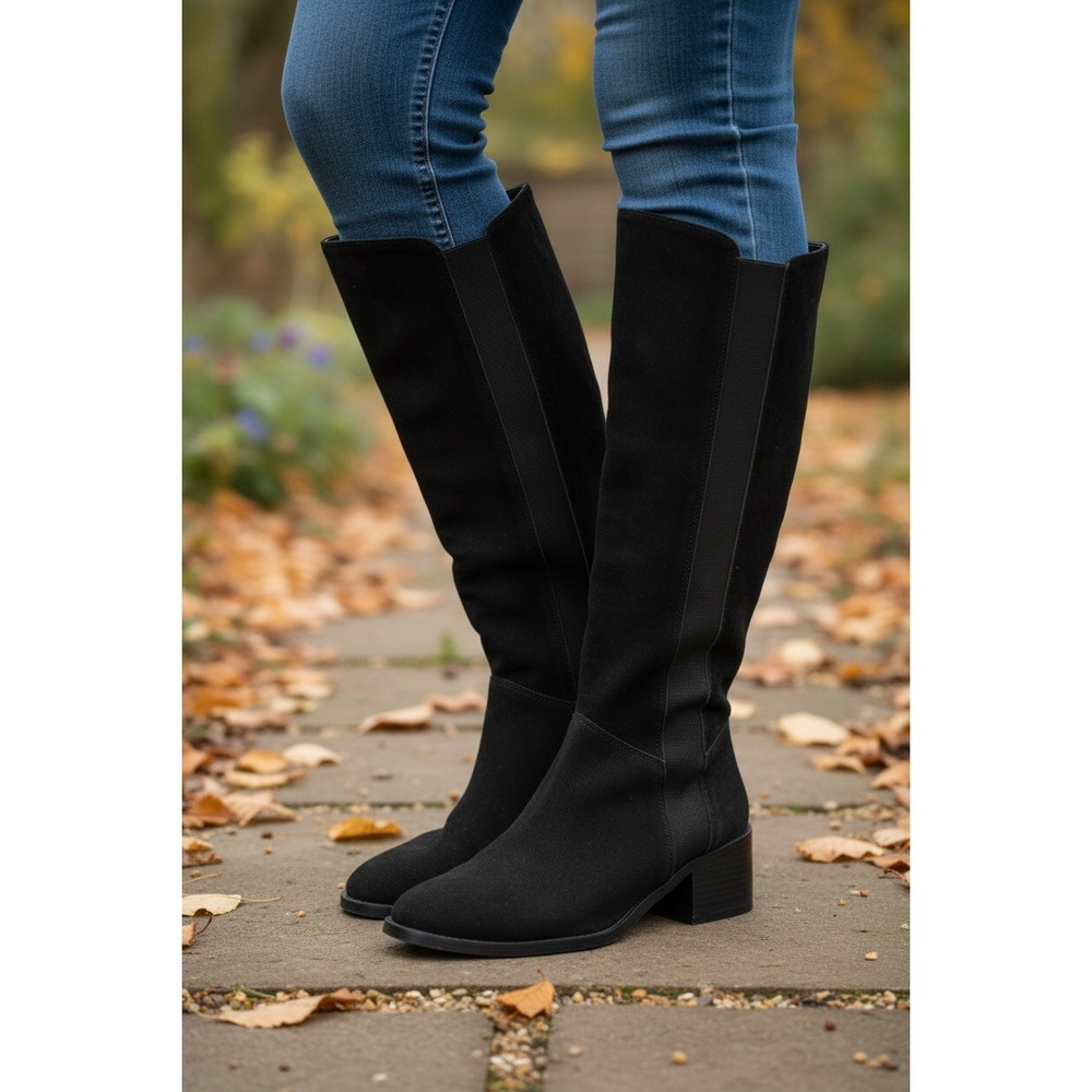 Giselle Black Suede Tall Block Heel Boots  Womens‎ 8M Almond Toe